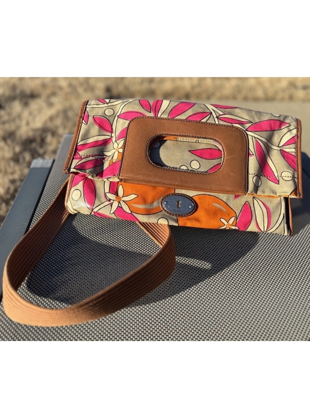 Vintage Fossil KeyPer Crossbody Bag Boho Purse Clutch Floral Print Coated Canvas
